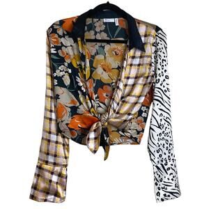 ASOS DESIGN Mixed Animal Print Patchwork Shirt Tie Front and Flare Sleeve Size 8
